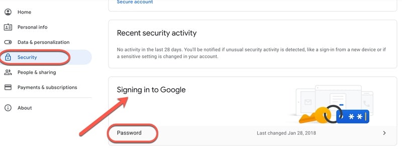 google account password settings