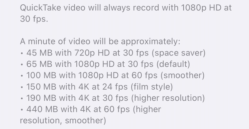 approximate file sizes for video recording
