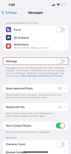 enable imessages