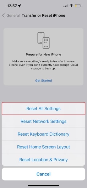 select reset all settings