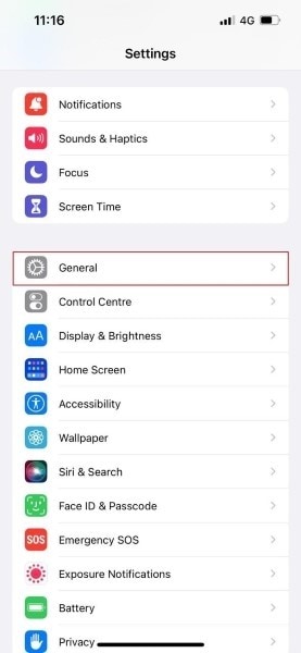tap general from settings