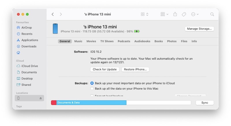 ripristinare iphone usando macos finder