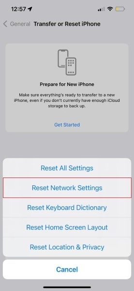 select reset network settings