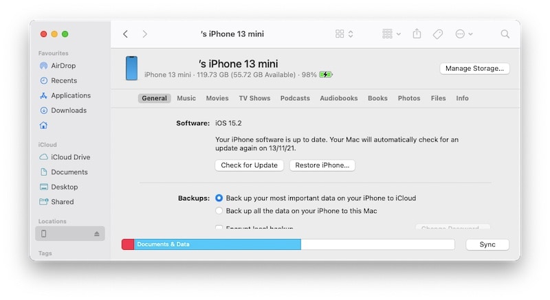 macos finder che mostra iphone 13