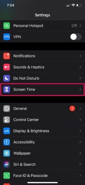 tap on screen time option