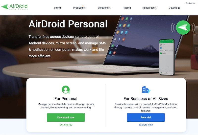 صفحة تطبيق airdroid الرئيسية