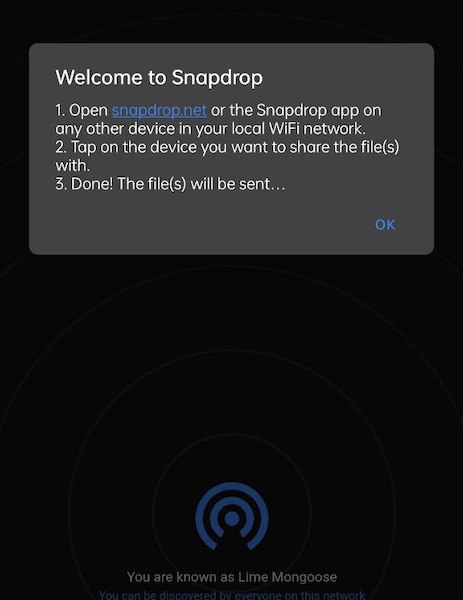 pantalla de inicio de la aplicación snapdrop