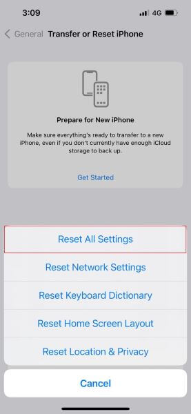 select reset all settings option