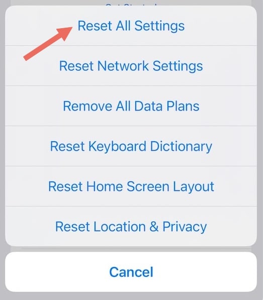 reset settings options