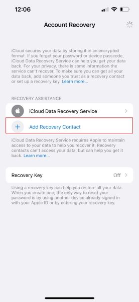 access add recovery contact option