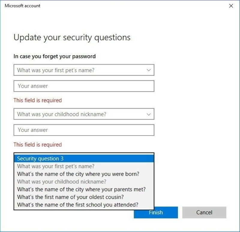finalize security questions