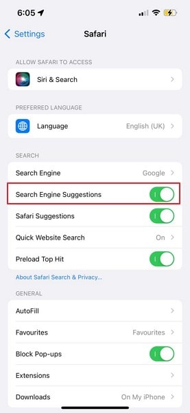 disable search engine suggestions