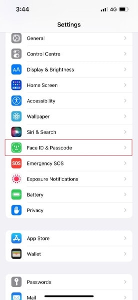 tap on face id and passcode