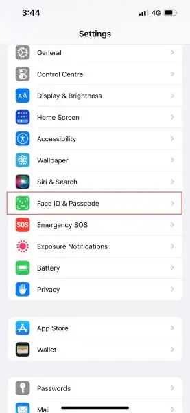 tap on face id and passcode