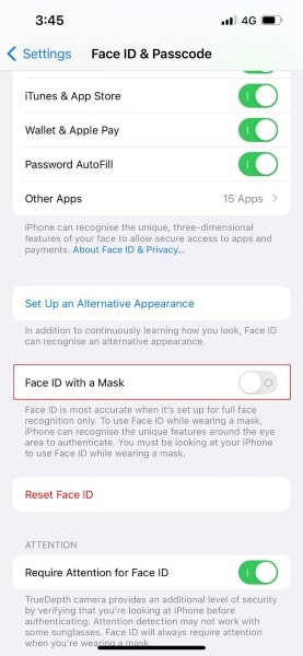 active la opción de identificación facial con máscara