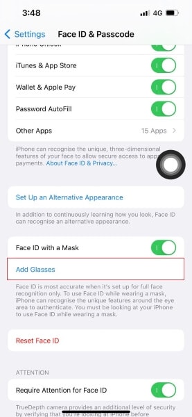 add your glasses for face id