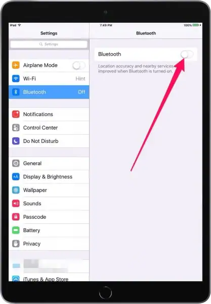 disable ipad bluetooth