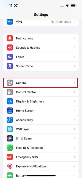 tap on general option
