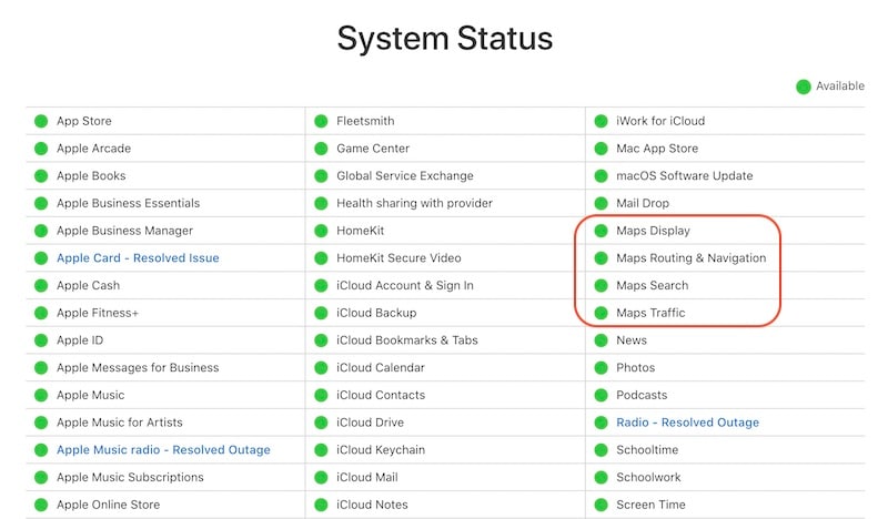 portal de status do sistema da Apple