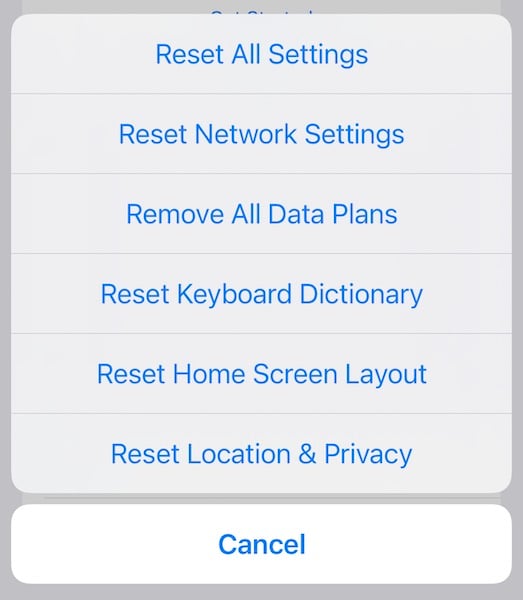 reset network settings iphone