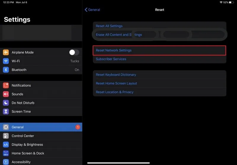 reset ipad network settings