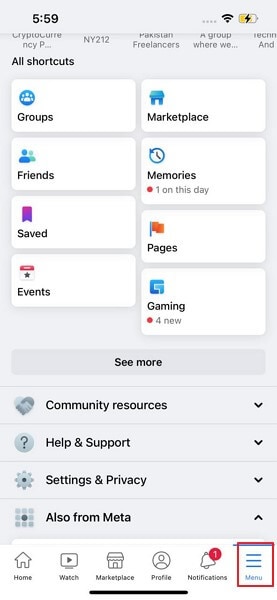 access the facebook menu