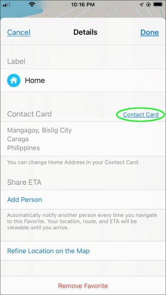 elegir tarjeta de contacto apple maps