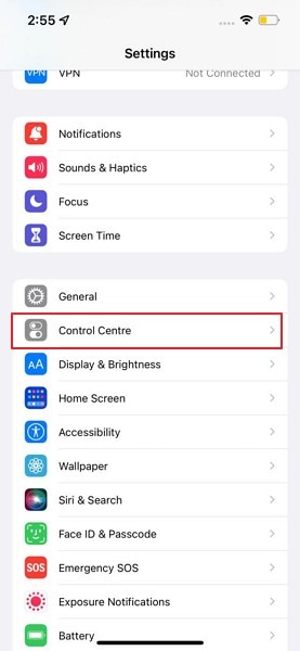 tap on control center option
