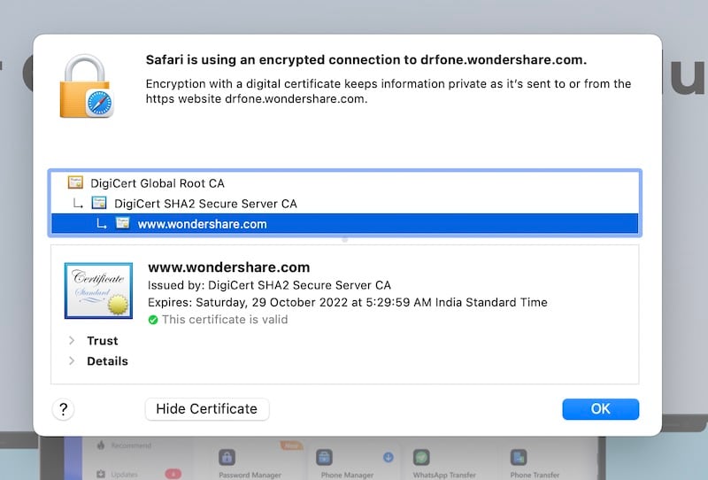 security certificate details