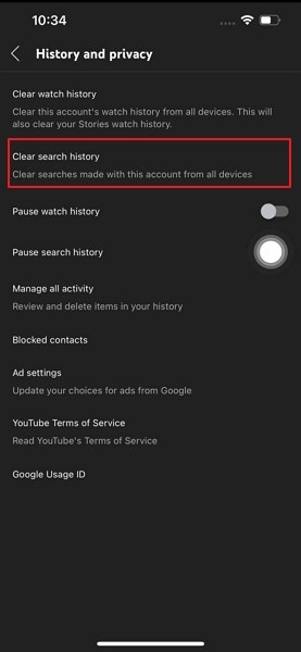 select clear search history option