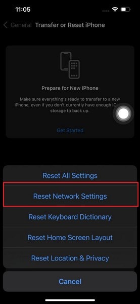 select reset network settings option