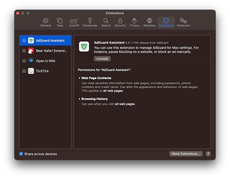 désactiver les extensions du navigateur dans Mac OS Safari