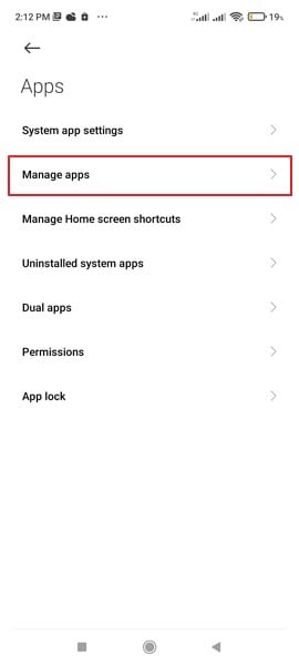 فتح manage apps في settings
