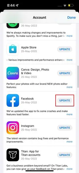 mettre à jour l'application Facebook