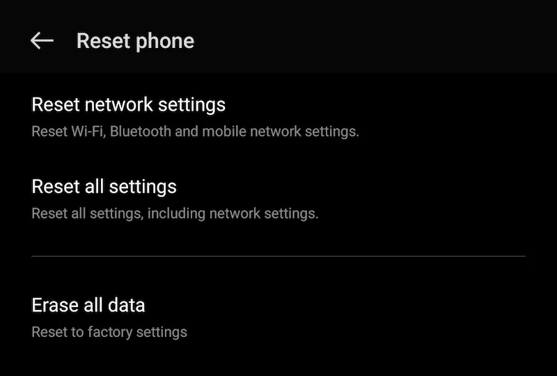 reset network settings android