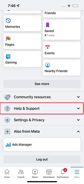 expand help and support menu