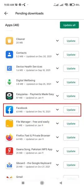 actualización android facebook app