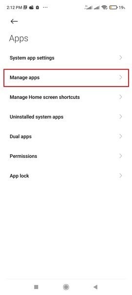 access manage apps option