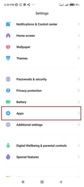 select apps option