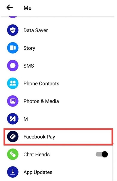 اختيار ميزة "Facebook pay"