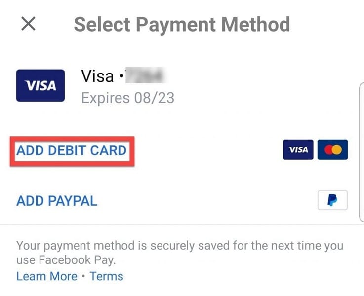 اختيار بطاقة "Debit" أو "PayPal"