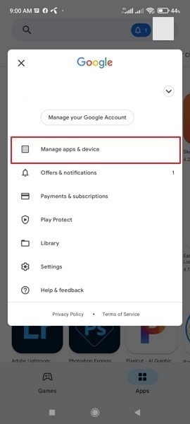فتح خيار "manage apps and device settings"