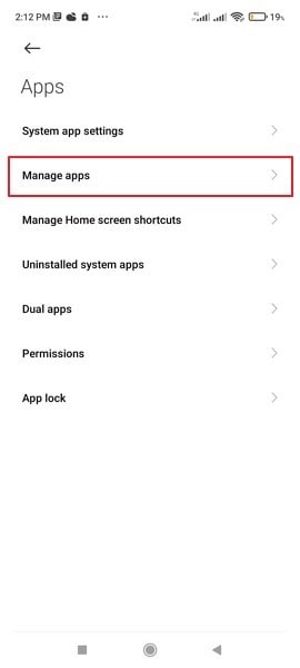 access manage app option