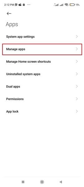 الوصول إلى خيار manage apps