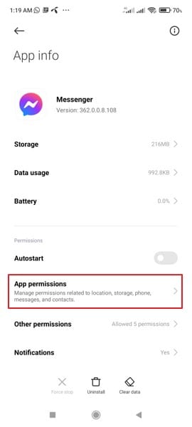 ouvrir les permissions de l'application messenger