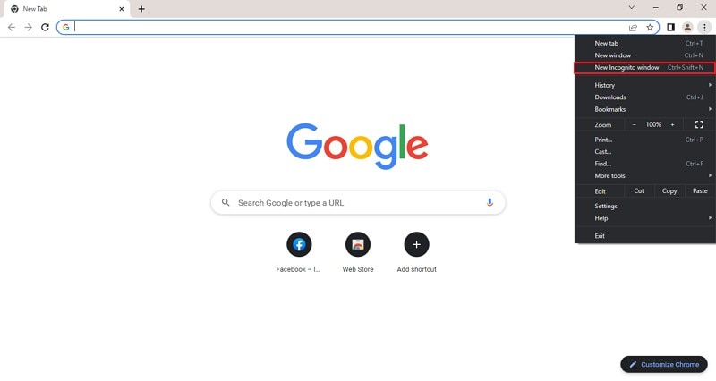 الوصول إلى وضع التصفح المتخفي في chrome