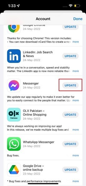 atualize o Messenger no iOS