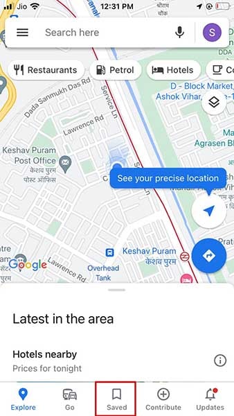 taper sur option enregistré dans google maps 