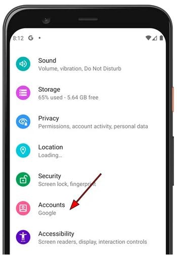 opening the 'accounts' tab in oneplus phone