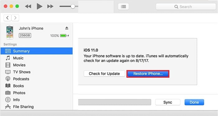 hit restore iphone button